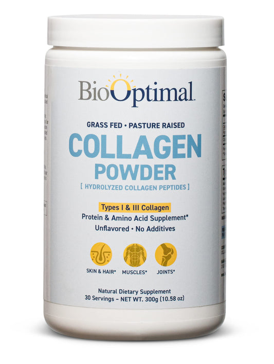 BioOptimal Collagen Peptides bottle on counter with grass-fed formula for daily skin and hair support.