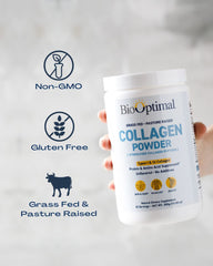 BioOptimal Collagen Peptides bottle showing non-GMO badge and quality assurance.