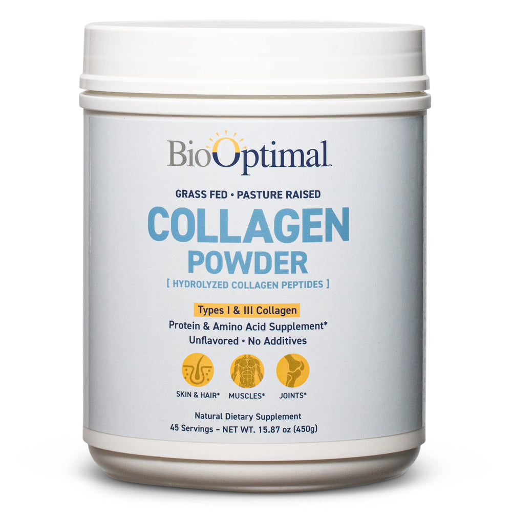 BioOptimal Collagen Peptides Powder canister shown for daily skin and joint support.