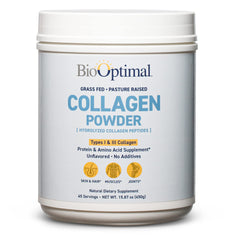 BioOptimal Collagen Peptides Powder canister shown for daily skin and joint support.
