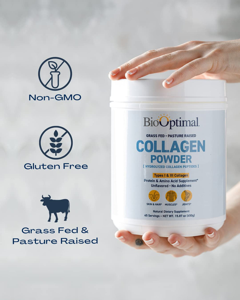 BioOptimal Collagen Peptides Powder smoothie photo highlights convenient daily protein.