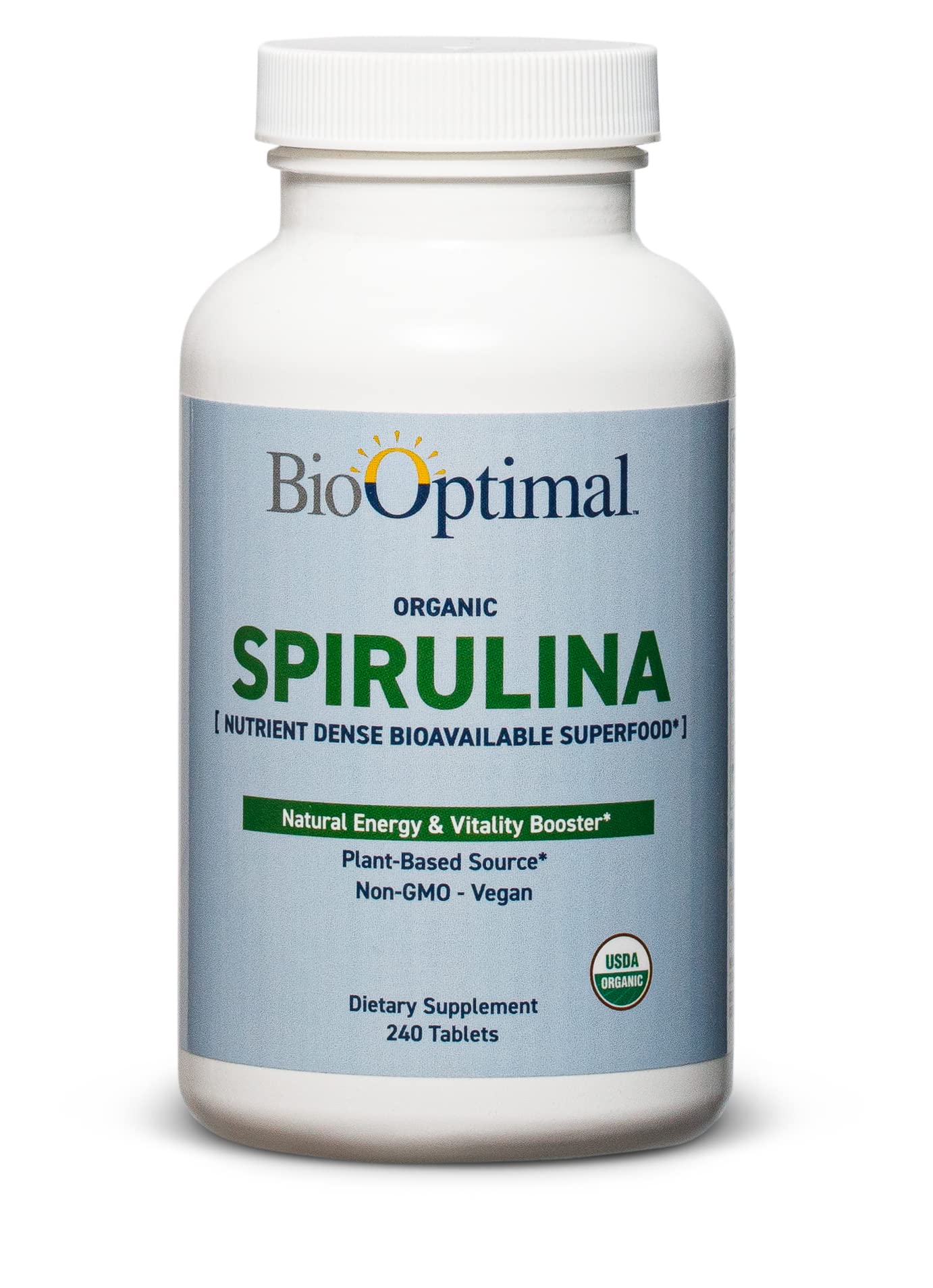 BioOptimal Spirulina tablets bottle, indicating easy daily nutrition for vegan diets.