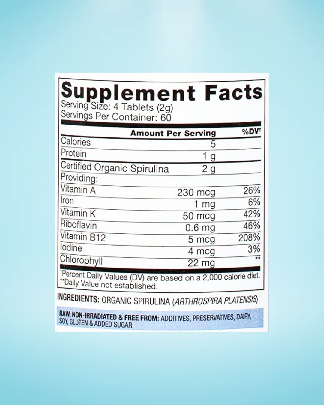 BioOptimal spirulina label emphasizes organic, non-GMO, no additives.