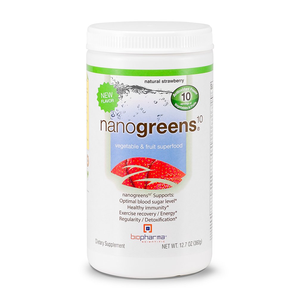 Biopharma NanoGreens tub front, convenient daily greens for energy and immune support.