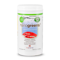 Biopharma NanoGreens tub front, convenient daily greens for energy and immune support.