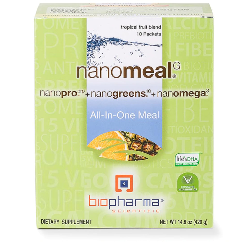 Biopharma Scientific NanoMeal tropical blend pack for on-the-go nutrition.