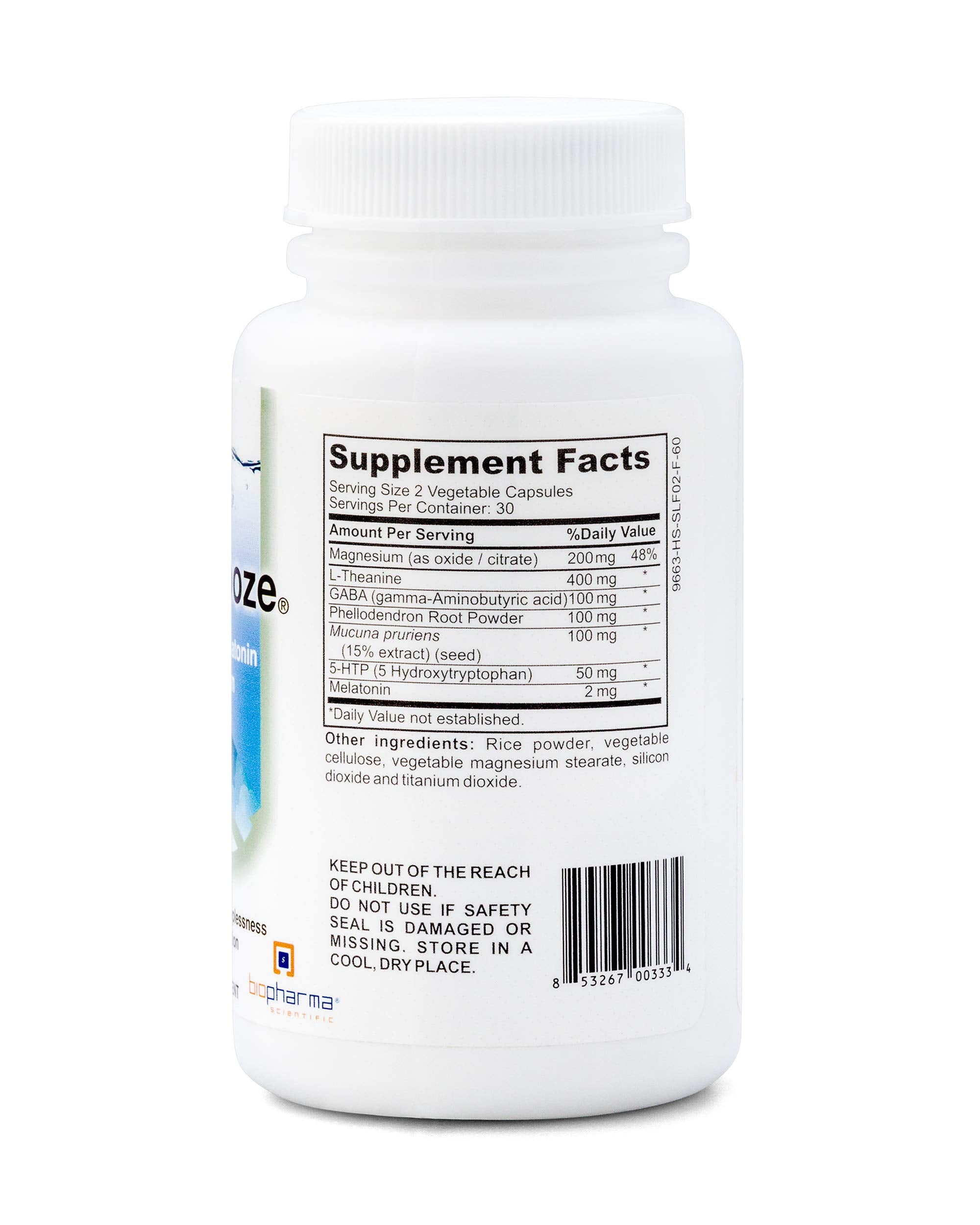 Biopharma Scientific NanoSnooze label detail showing melatonin and magnesium