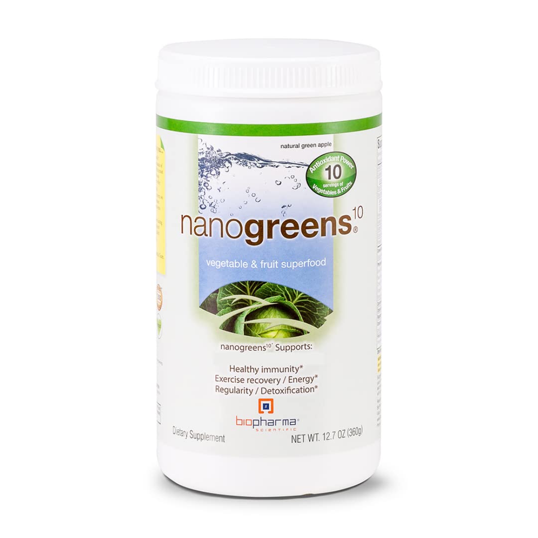 NanoGreens packaging front shows a premium greens powder for daily wellness