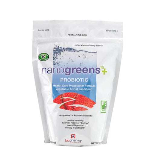Biopharma Scientific Nanogreens+Probiotic bottle front with strawberry flavor for daily greens.