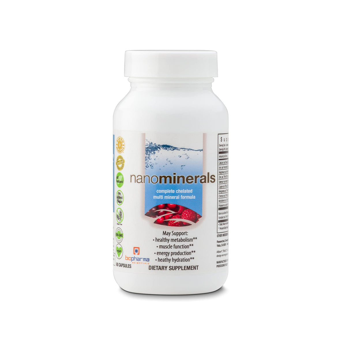 Biopharma Scientific NanoMinerals bottle front view for easy daily mineral support.