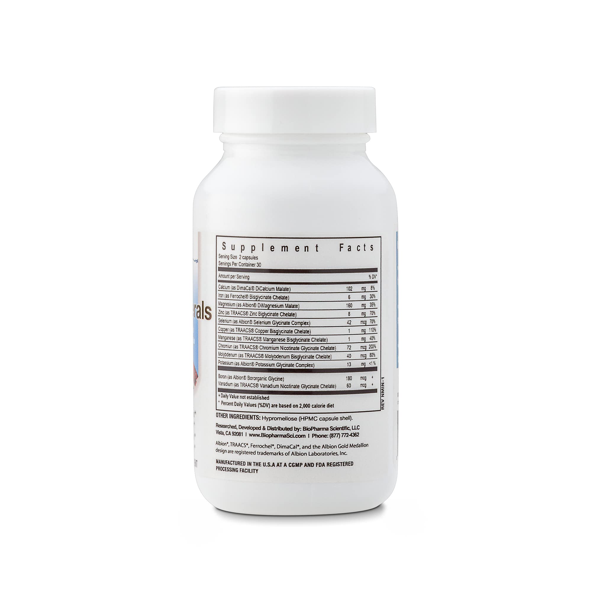 Biopharma Scientific NanoMinerals capsules close-up showing chelated minerals for absorption.