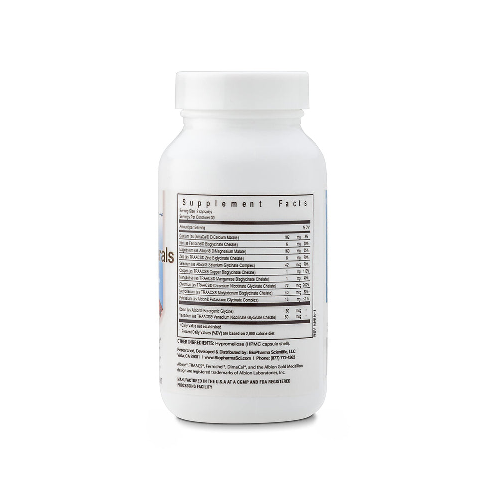 Biopharma Scientific NanoMinerals capsules close-up showing chelated minerals for absorption.