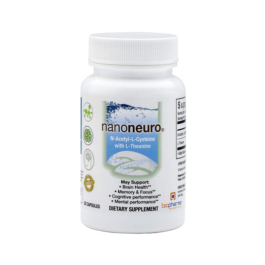 Biopharma Scientific NanoNeuro bottle front with capsules for daily brain support