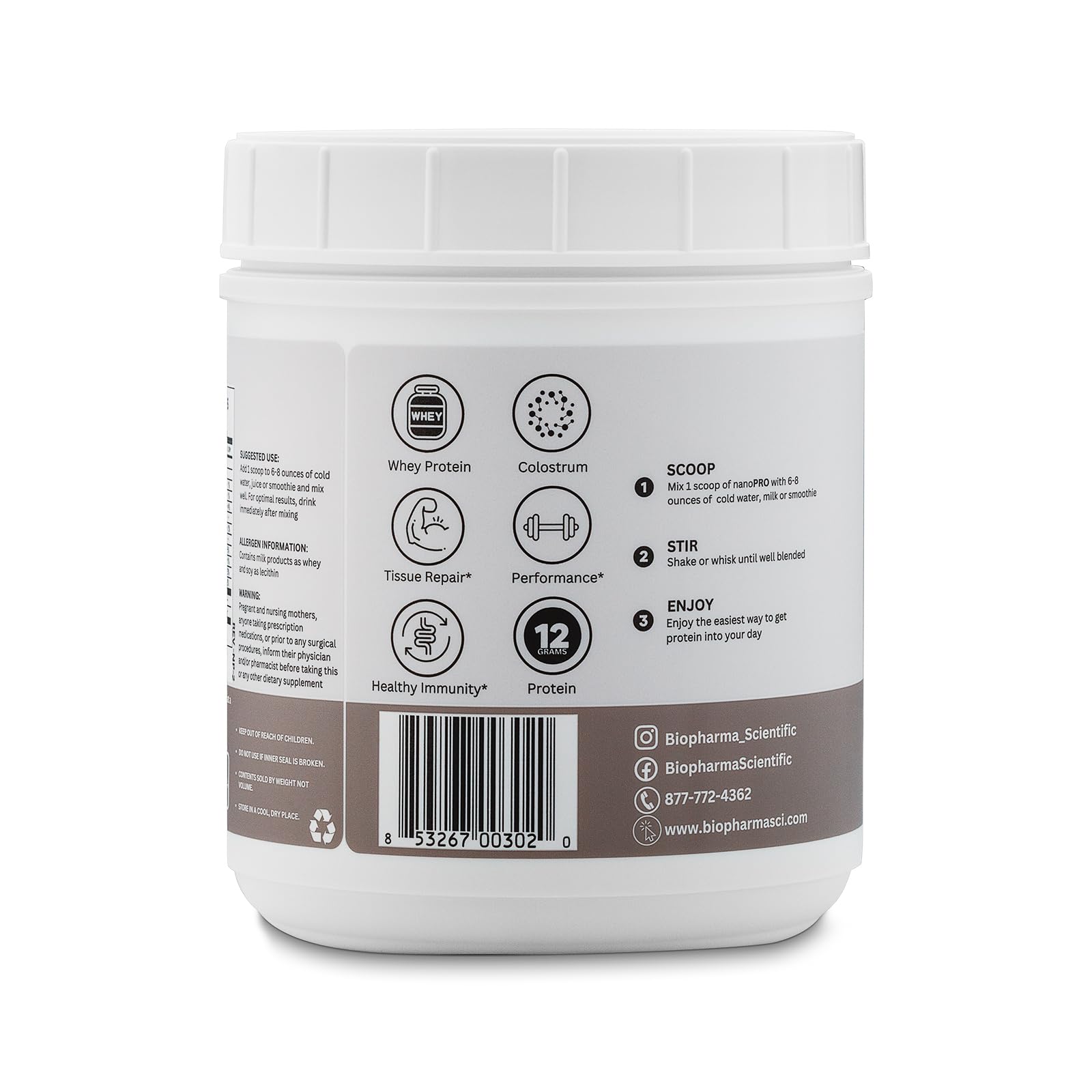 Biopharma Nanopro Immune ingredients panel featuring colostrum and amino acids.