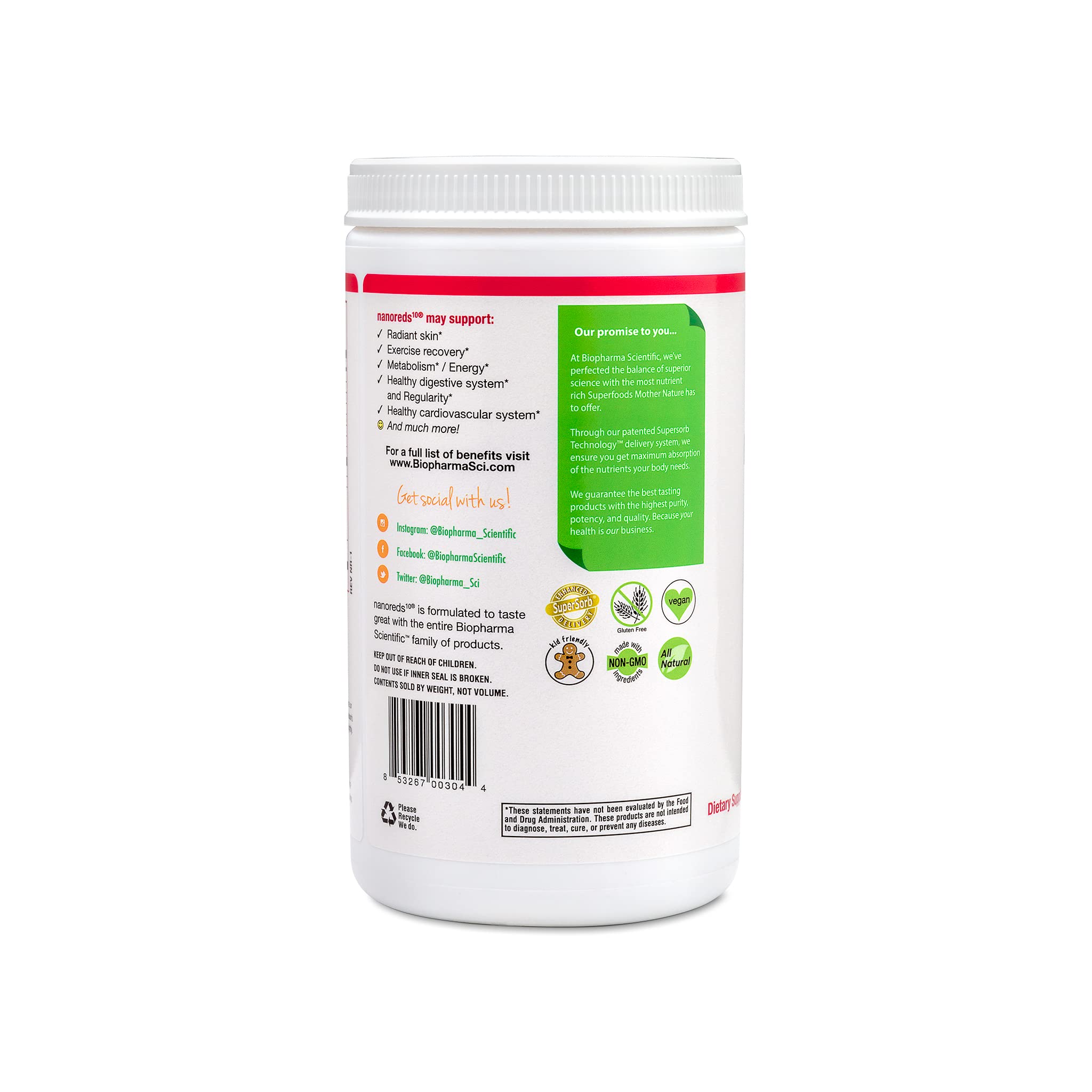 Biopharma Scientific Nanoreds Reds glass with smoothie shows a refreshing berry drink ready to enjoy.