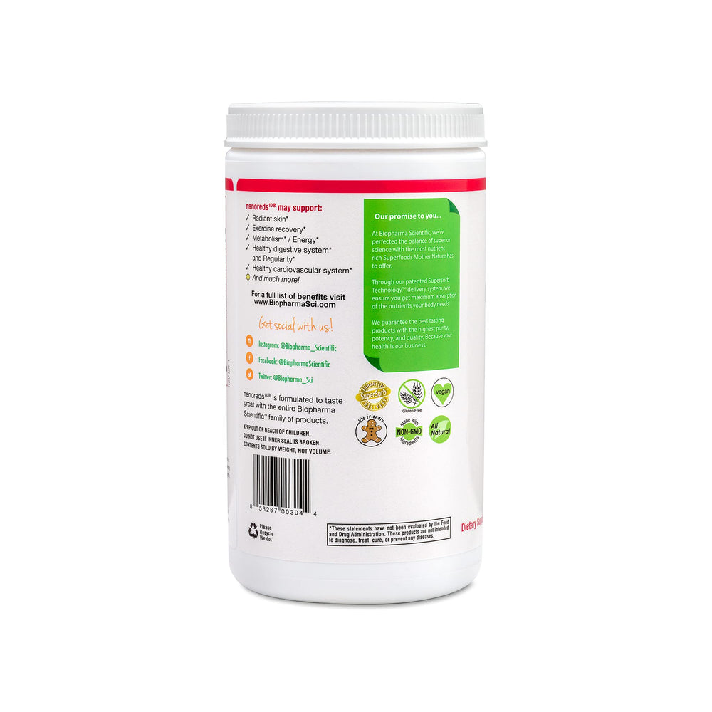 Biopharma Scientific Nanoreds Reds glass with smoothie shows a refreshing berry drink ready to enjoy.
