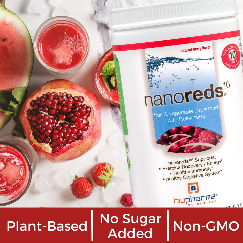 Biopharma Scientific Nanoreds Reds ingredient panel features pomegranate, elderberry, spinach in each serving.