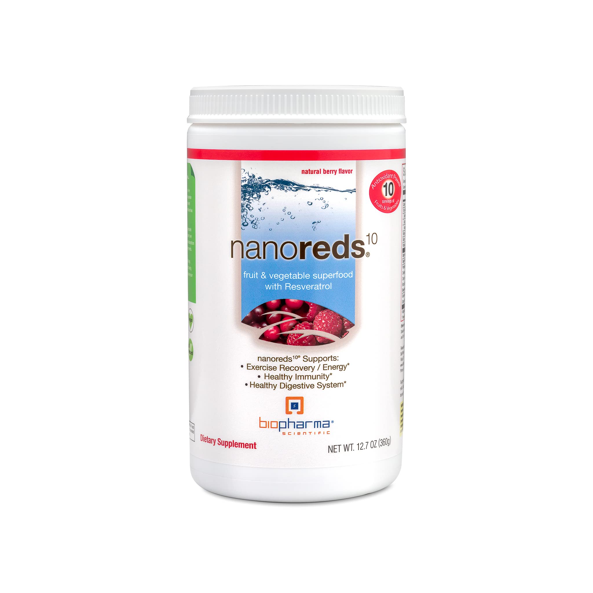 Biopharma Scientific Nanoreds Reds smoothie mix bottle highlights a berry blend for daily nutrition.