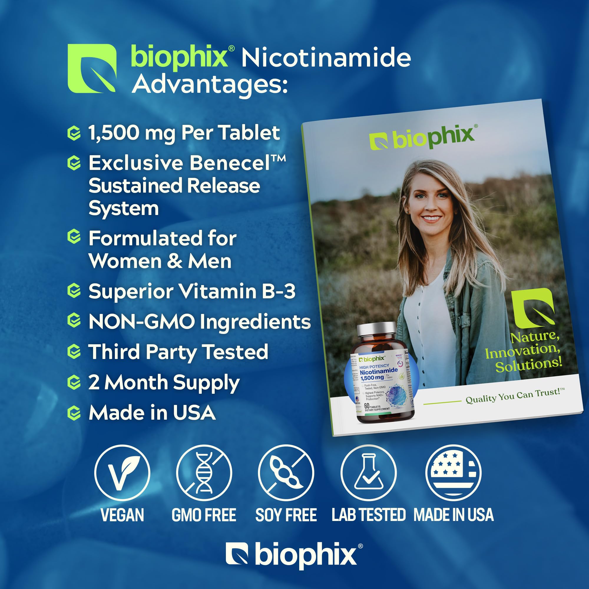 Biophix B-3 bottle label highlights flush-free nicotinamide.
