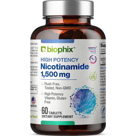 Biophix B-3 Nicotinamide 1500 mg bottle with tablets supports energy metabolism.