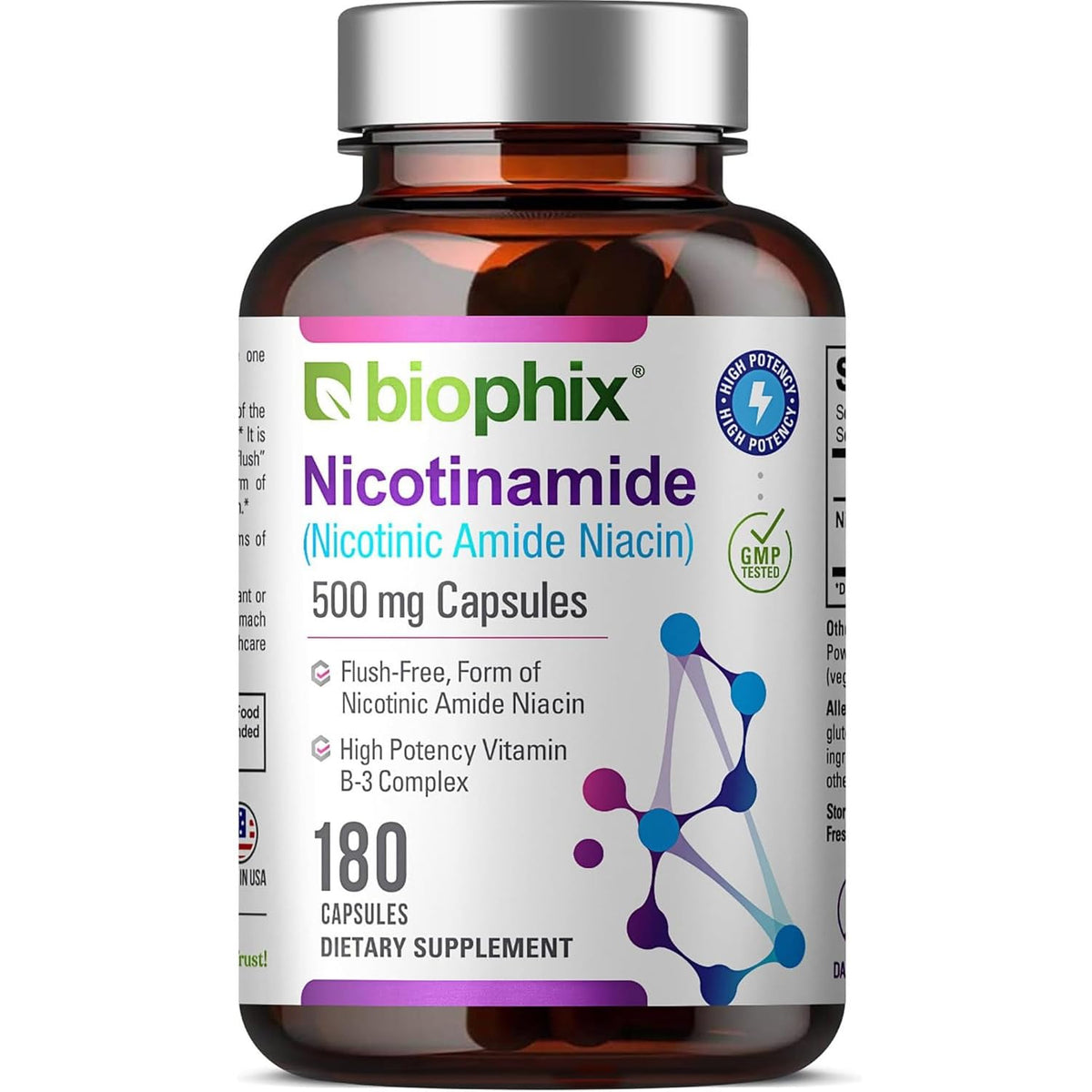 Biophix B-3 nicotinamide 500mg bottle supports daily skin resilience.