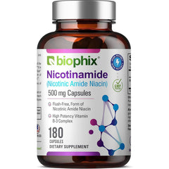 Biophix B-3 nicotinamide 500mg bottle supports daily skin resilience.