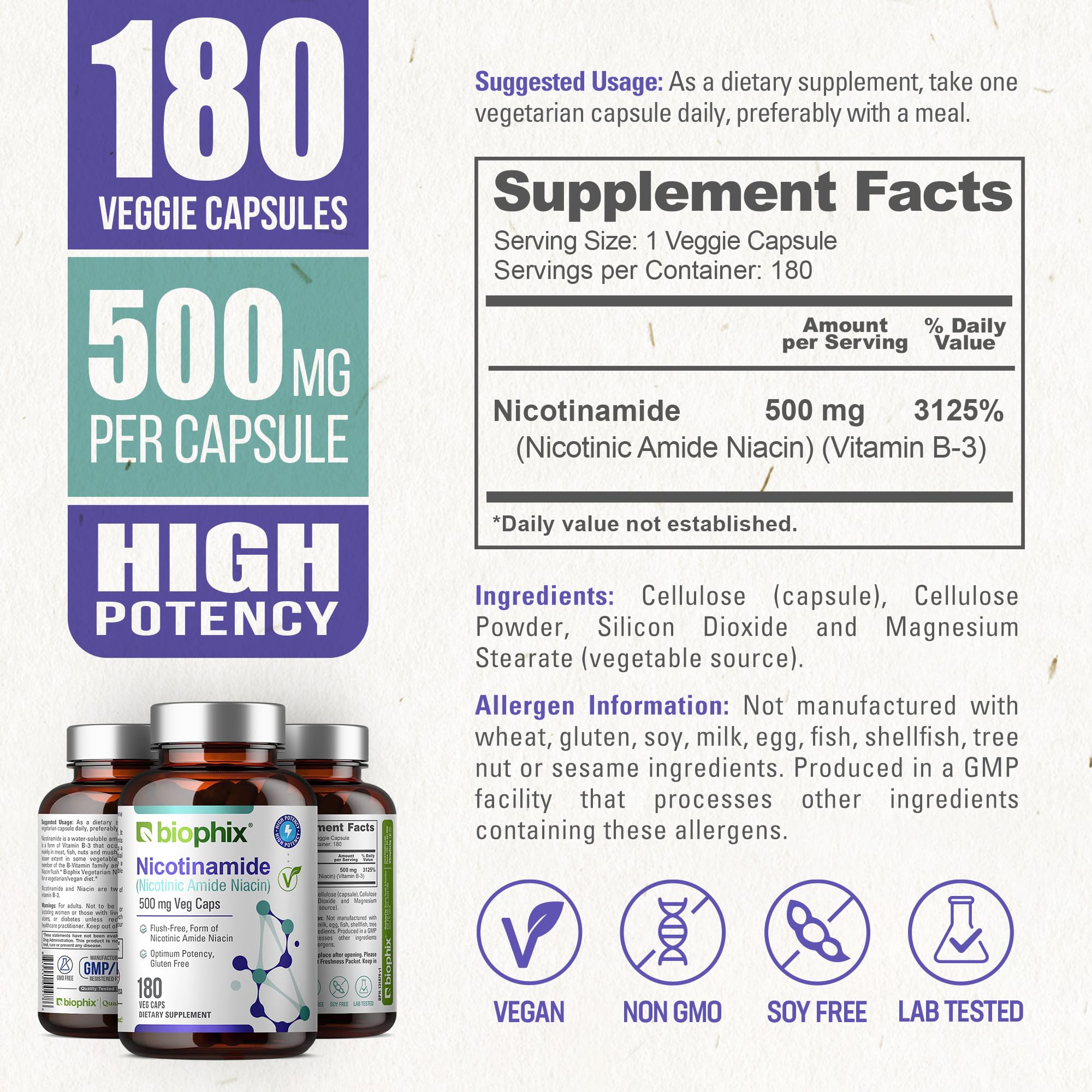 Biophix B-3 nicotinamide ingredient panel detailing the formulation.