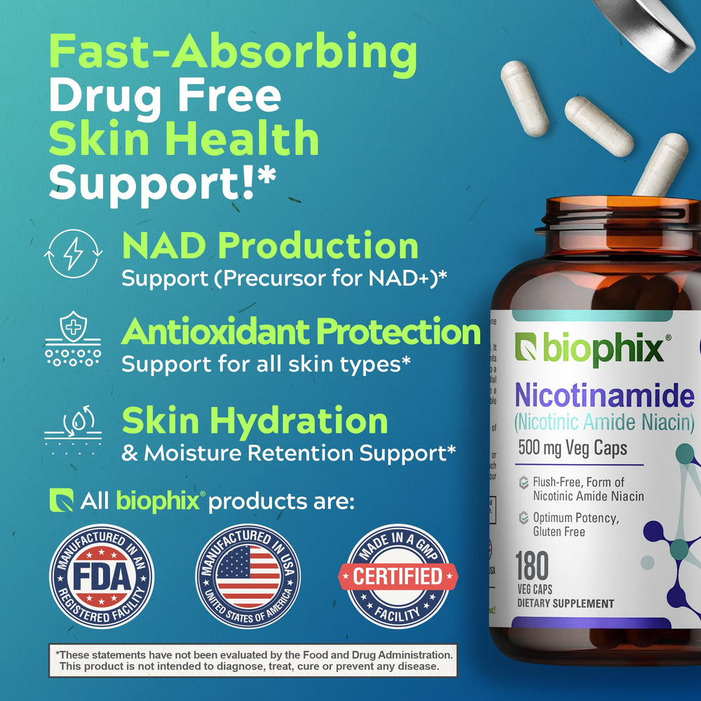 Biophix B-3 nicotinamide label close-up emphasizing flush-free niacin.