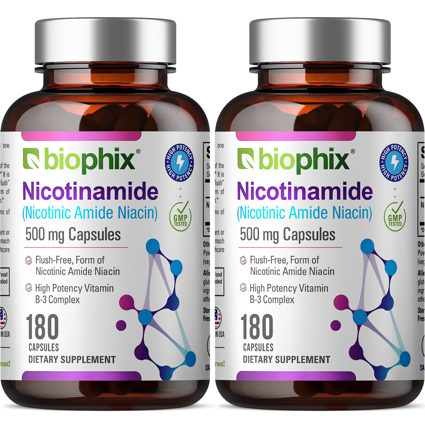 Biophix B-3 Nicotinamide bottle front showing flush-free B3 benefits for skin.