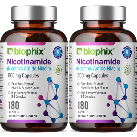 Biophix B-3 Nicotinamide bottle front showing flush-free B3 benefits for skin.