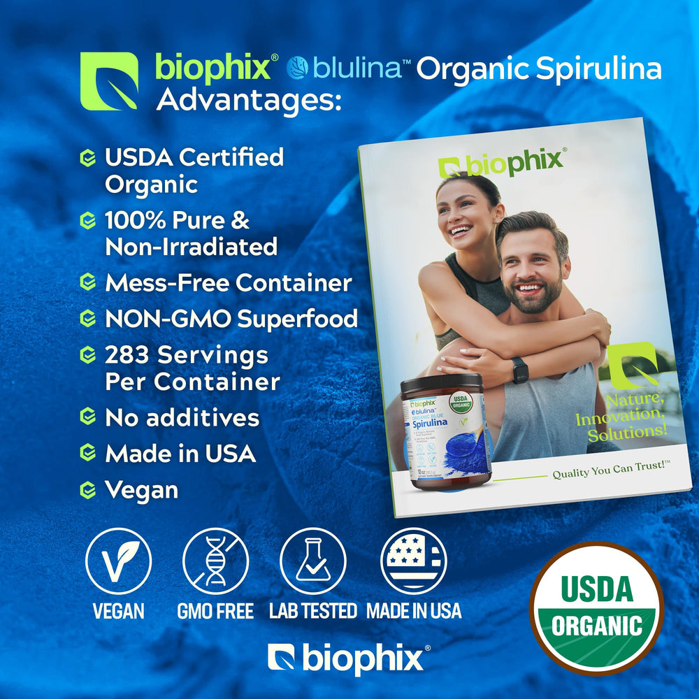 Biophix Blue Spirulina Powder jar back highlighting organic, non-GMO quality.