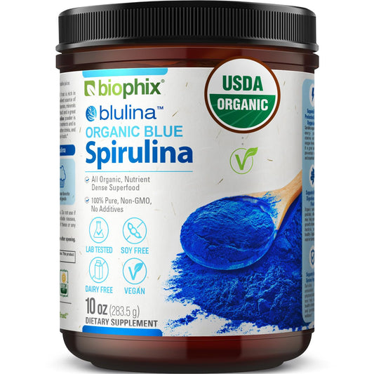 Biophix Blue Spirulina Powder jar front showing vibrant color for recipes.