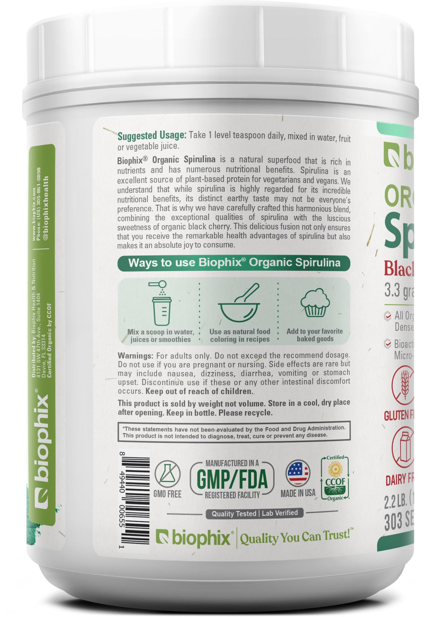 Biophix Organic Spirulina Cherry flavor CGMP facility seal indicating quality controls.