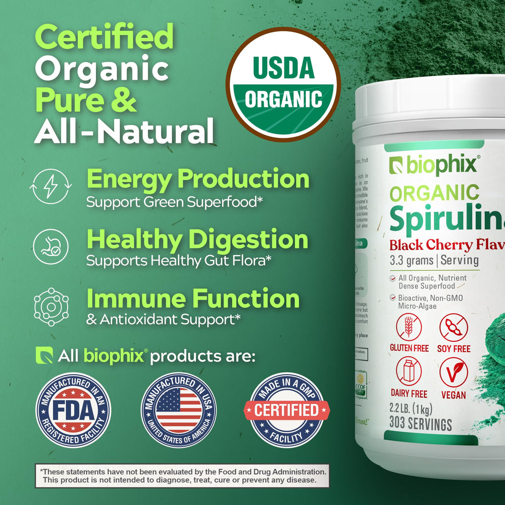 Biophix Organic Spirulina Cherry flavor smoothie idea image illustrates quick mix into drinks.