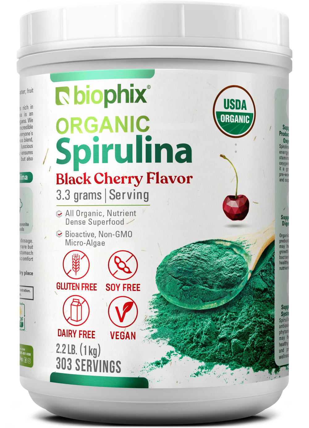 Biophix Organic Spirulina Cherry bottle front shows protein-rich superfood for daily smoothies.