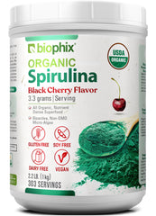 Biophix Organic Spirulina Cherry bottle front shows protein-rich superfood for daily smoothies.