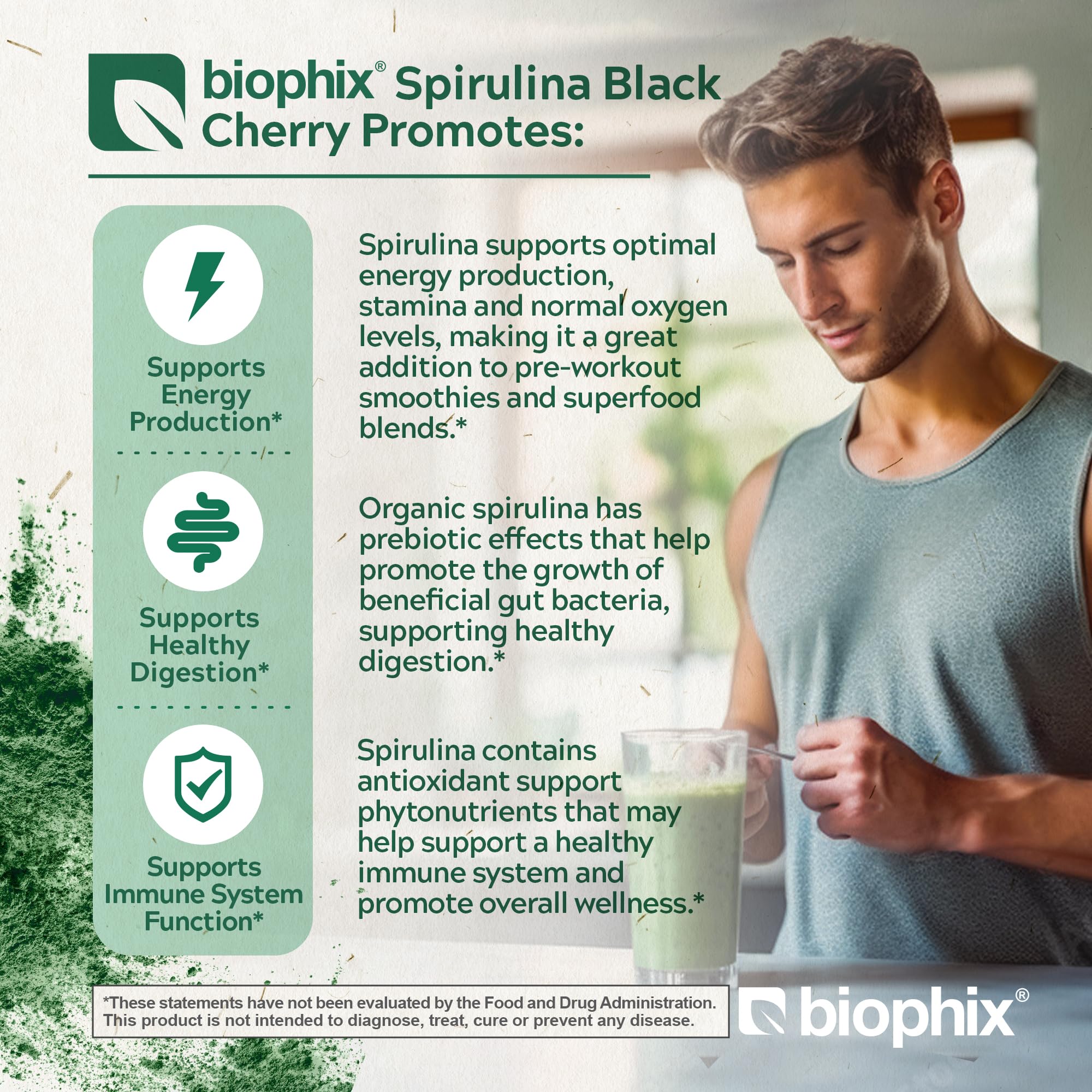 Biophix Organic Spirulina Cherry jar back label highlights 303 servings and pure ingredients.