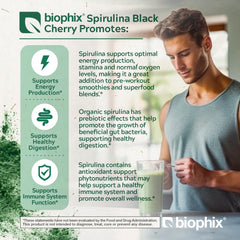 Biophix Organic Spirulina Cherry jar back label highlights 303 servings and pure ingredients.