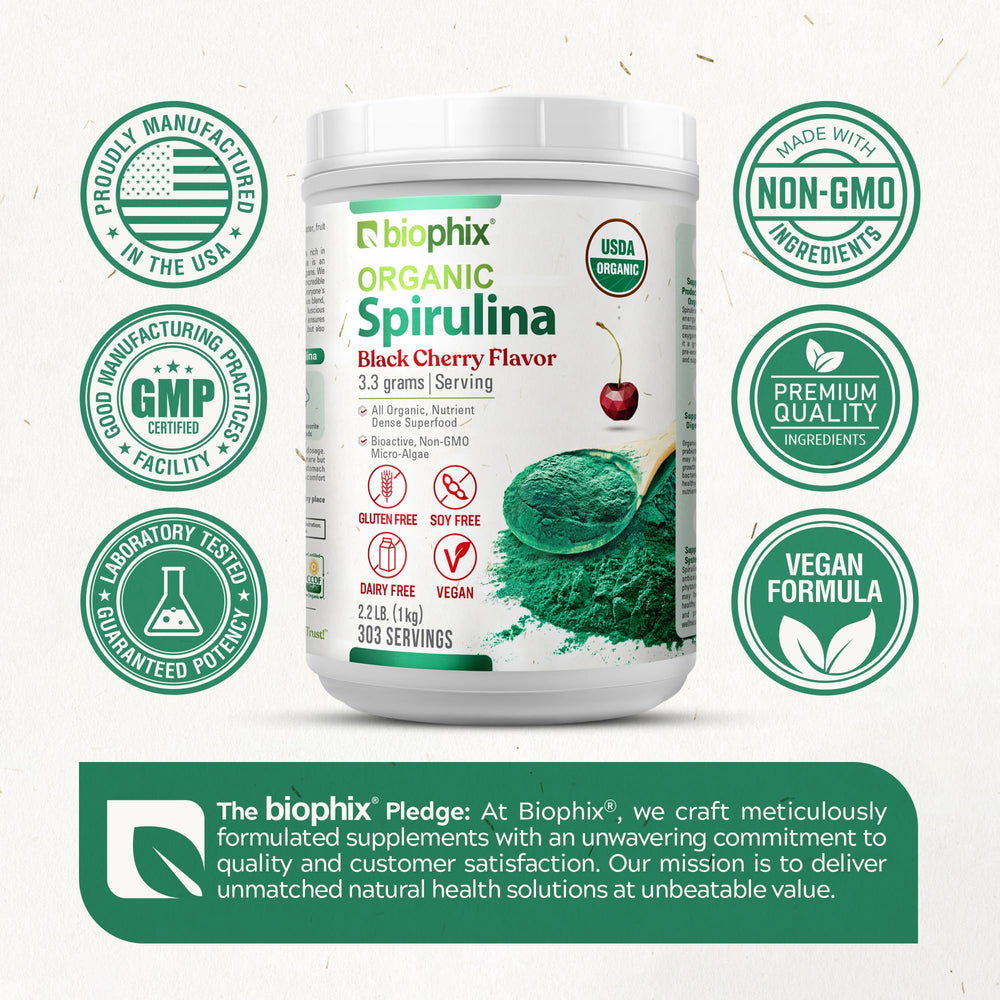 Biophix Organic Spirulina Cherry jar on kitchen counter beside fresh fruit.