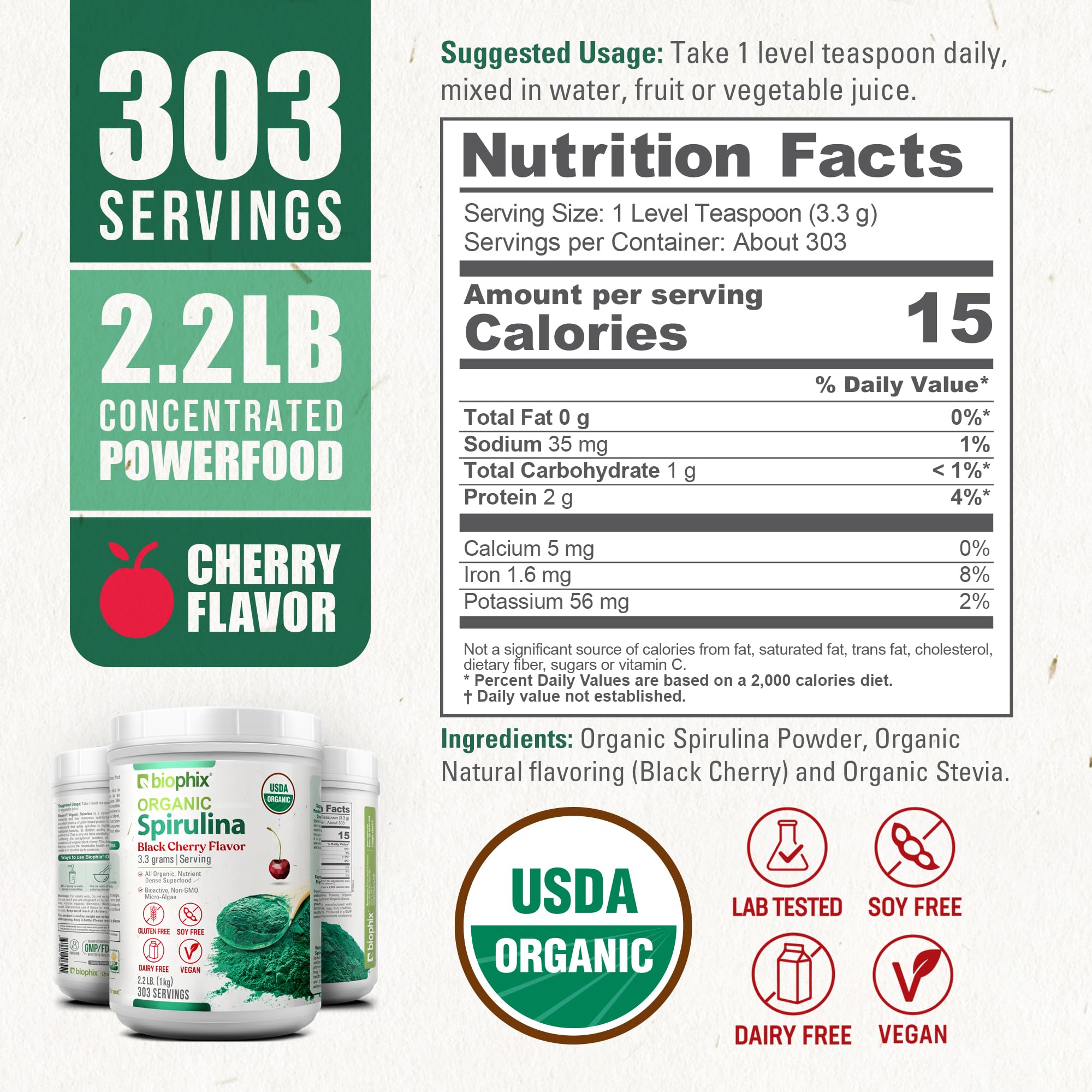 Biophix Organic Spirulina Cherry nutrition panel emphasizes protein and micronutrients.