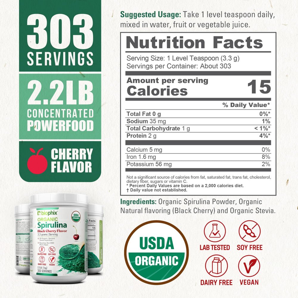Biophix Organic Spirulina Cherry nutrition panel emphasizes protein and micronutrients.