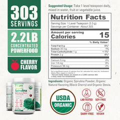 Biophix Organic Spirulina Cherry nutrition panel emphasizes protein and micronutrients.