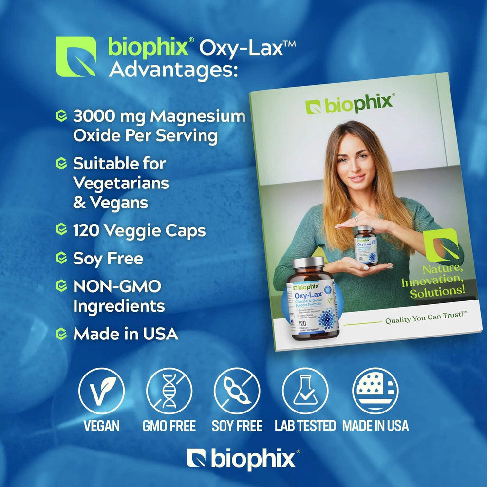Biophix Oxy-Lax bottle with glass illustrates simple daily administration