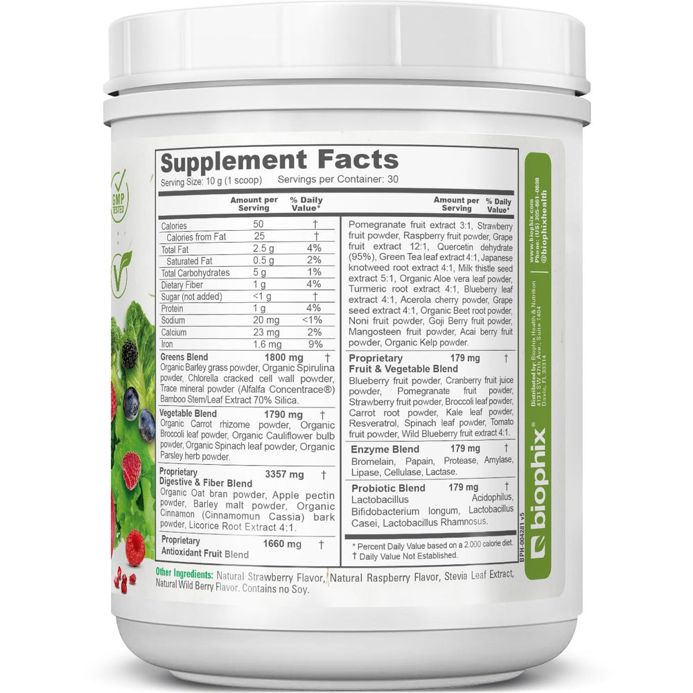 Biophix Phytoberry Greens scoop highlights easy measurement for smoothies.