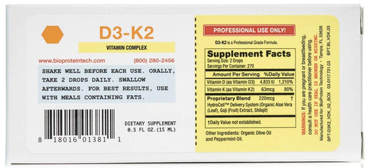 BioProtein Technology D3-K2 liquid bottle pour for easy daily dosing with meals