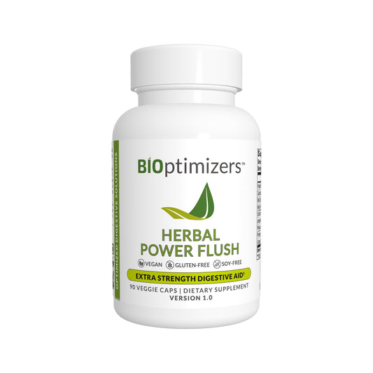 BIOptimizers Herbal Power Flush bottle pouring for convenient daily digestion support
