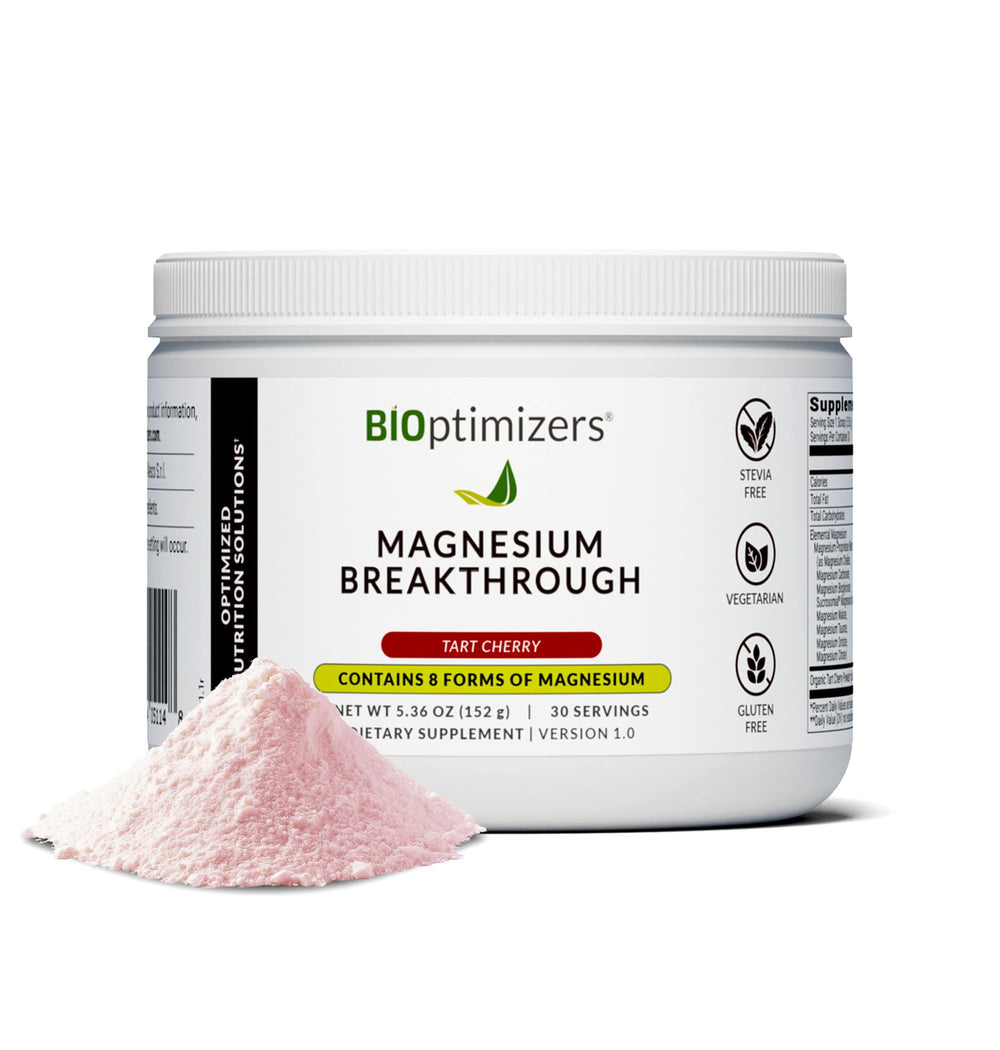 BIOptimizers Magnesium Breakthrough bottle pour shows easy daily dosing for balance and relaxation.