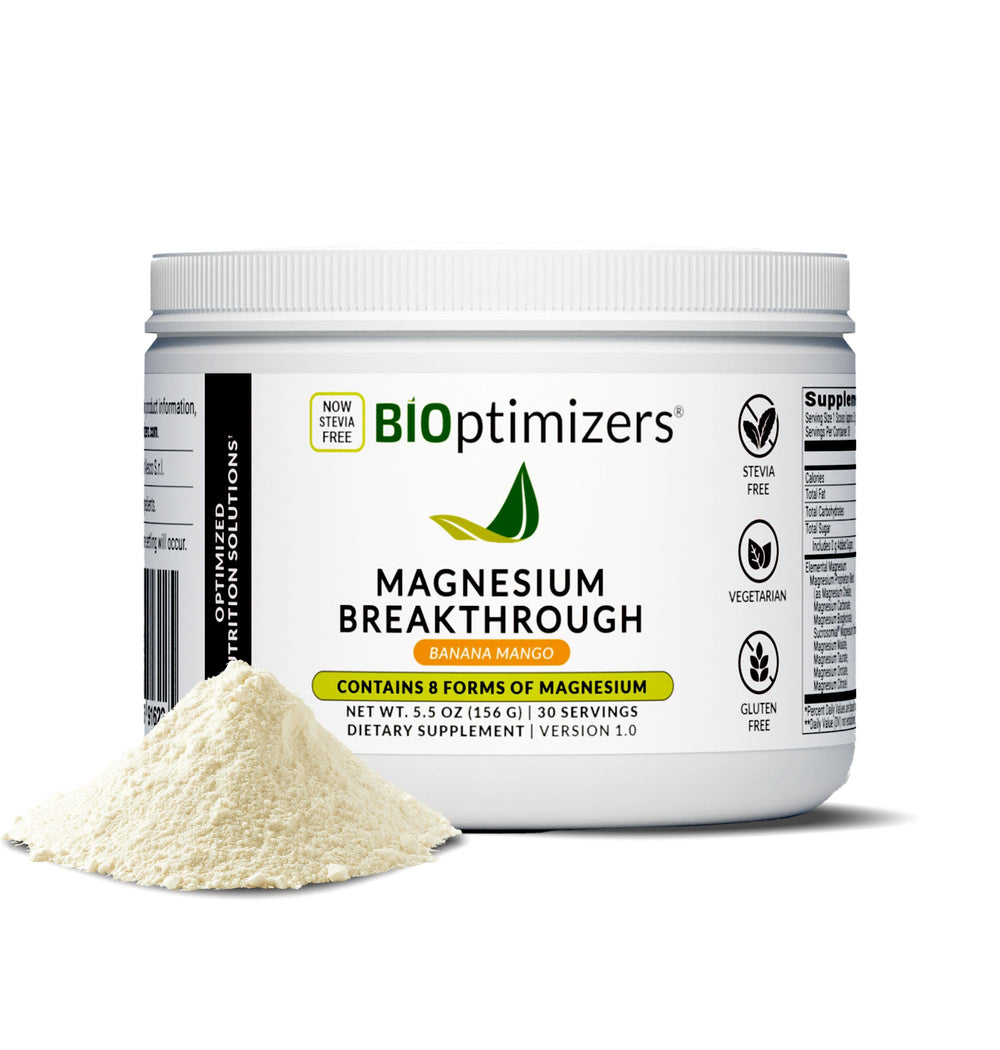 BIOptimizers Magnesium Breakthrough Drink bottle front view showing banana-mango flavor