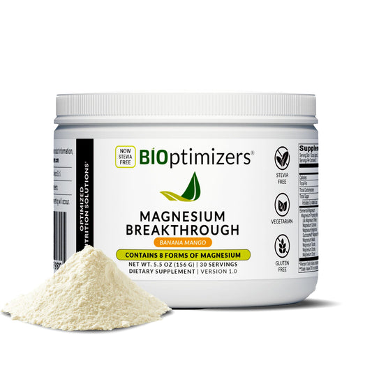 BIOptimizers Magnesium Breakthrough Drink bottle front view showing banana-mango flavor