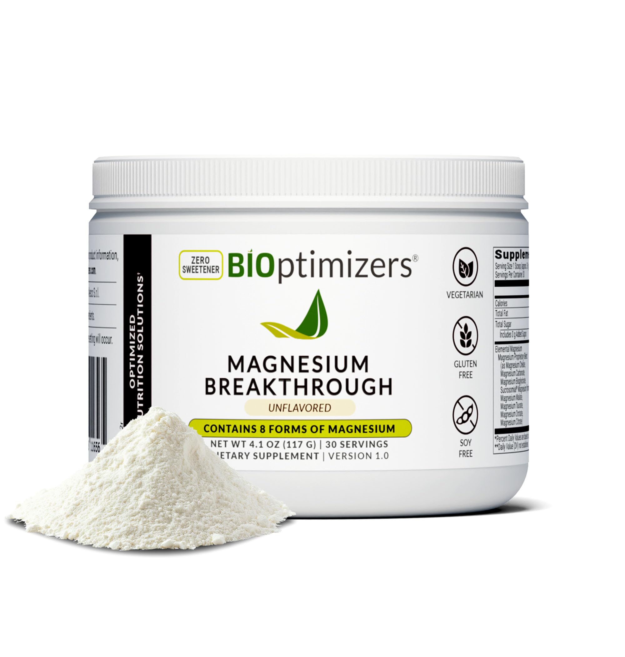 BIOptimizers Magnesium Breakthrough Drink bottle on white surface showing eight forms for daily wellness